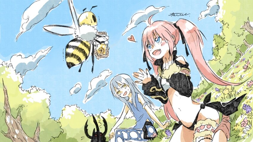 1girl, 1other, ahoge, androgynous, apito_(tensura), bee, blue_hair, bug, cloud, dutch_angle, flower, grass, happy, insect, long_hair, milim_nava, open_mouth, ototoi_(eevees813), outdoors, pink_hair, rimuru_tempest, sitting, tensei_shitara_slime_datta_ken, tree, twintails