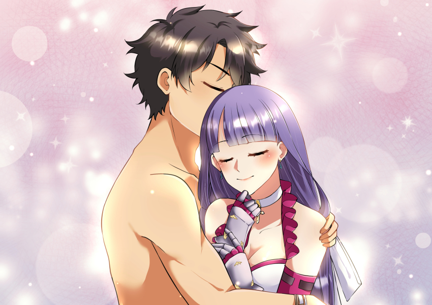 1boy, 1girl, absurdres, bare_shoulders, black_hair, blush, breasts, choker, cleavage, closed_eyes, commentary, commission, cross, cross_choker, english_commentary, fate/grand_order, fate_(series), fujimaru_ritsuka_(male), gauntlets, hetero, highres, hug, kairikazu, long_hair, martha_(fate), martha_(swimsuit_ruler)_(fate), medium_breasts, pixiv_commission, purple_hair, smile, upper_body, very_long_hair