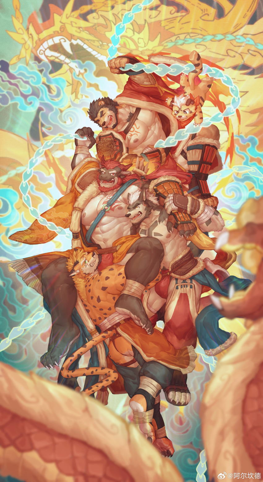 4boys, abs, absurdres, alca_(wakatanka4), alca_the_lion, animal_ears, ass, bara, bare_pectorals, beard, beenic, bulge, bulge_to_face, chinese_zodiac, dragon, dragon_(any), dragon_ears, eastern_dragon, facial_hair, full_beard, full_body, furry, furry_male, furry_with_furry, goatee, grey_fur, grin, happy, highres, jaguar_boy, jaguar_ears, large_pectorals, leather, lion_boy, lion_tail, male_focus, mature_male, midair, mowang_yu, multiple_boys, muscular, muscular_male, navel, nipples, original, pectorals, romg, romg_the_jaguar, second-party_source, smile, tail, thick_beard, yaoi, year_of_the_dragon