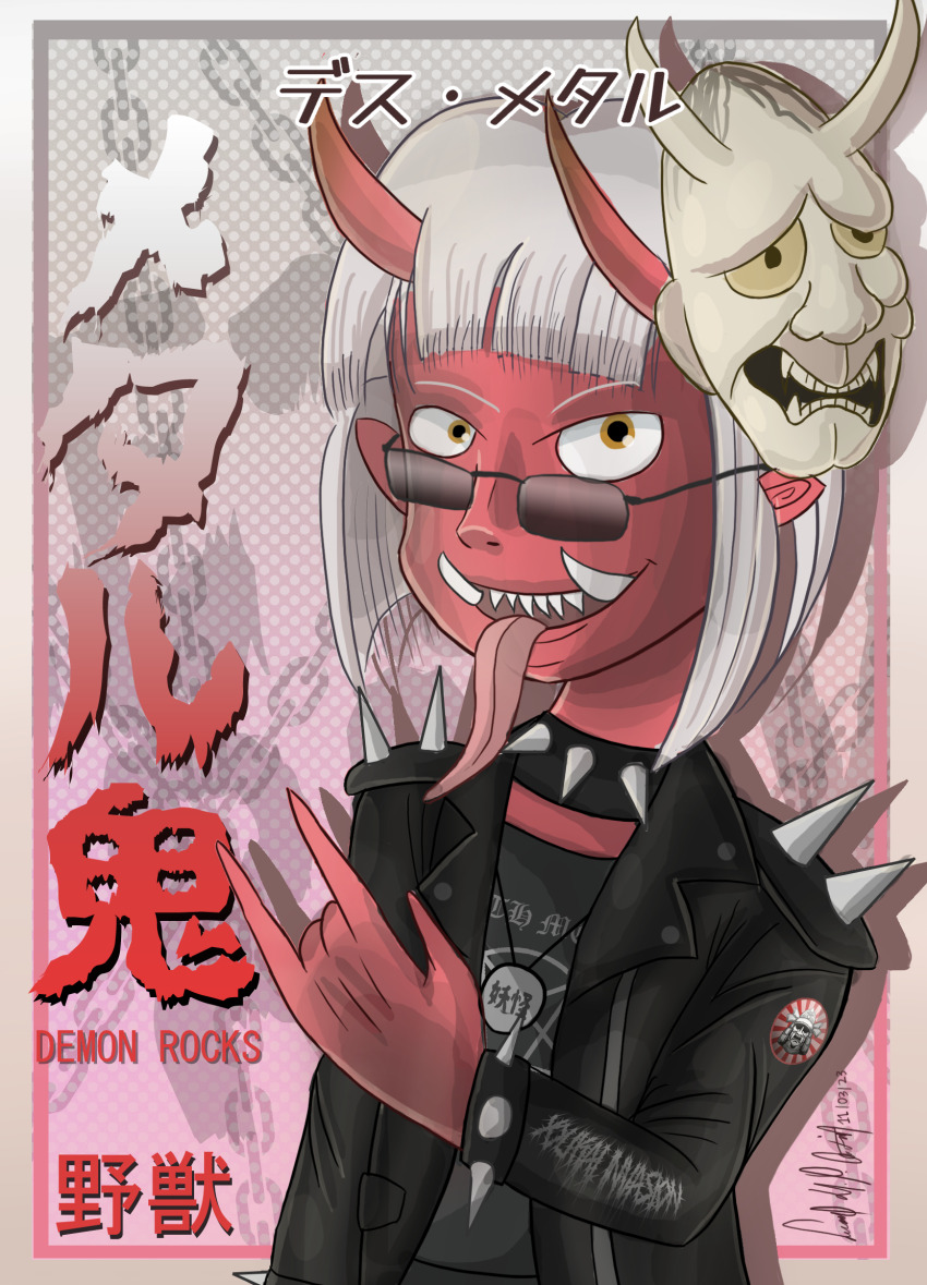 1girl, black_jacket, colored_skin, cropped_jacket, demon, demon_girl, demon_horns, hannya, heavy_metal, highres, horns, horns_pose, jacket, lupeco98, mask, noh_mask, non-web_source, oni, original, red_skin, self-upload, toon_(style)