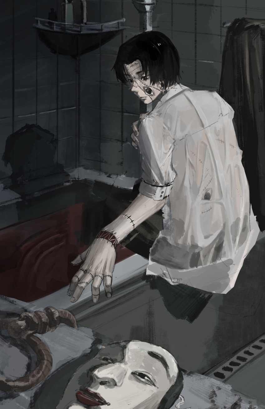 absurdres, bathroom, bathtub, blood, blood_in_water, body_horror, choujin_x, extra_eyes, highres, hoshi_batista_(choujin_x), mask, noh_mask, noh_mask_(choujin_x), noose, painting_(medium), shirt, soda_(syud7233), stitched_arm, stitched_face, stitches, traditional_media, watercolor_(medium), wet, wet_clothes, wet_shirt, white_shirt