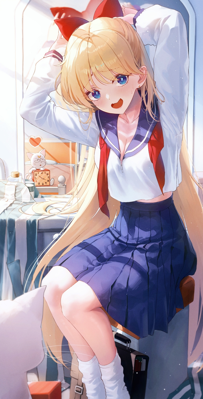 1girl, absurdres, aino_minako, bishoujo_senshi_sailor_moon, blonde_hair, blue_eyes, blue_sailor_collar, blue_skirt, blush, bow, breasts, briefcase, cat, cleavage, collarbone, hair_bow, hhl_(ggul80hg58), highres, indoors, long_hair, long_sleeves, looking_at_viewer, loose_neckerchief, medium_breasts, neckerchief, open_mouth, pleated_skirt, red_bow, red_neckerchief, sailor_collar, school_briefcase, school_uniform, serafuku, shiba_koen_middle_school_uniform, shirt, sitting, skirt, small_sweatdrop, socks, solo, sweatdrop, very_long_hair, white_cat, white_shirt, white_socks