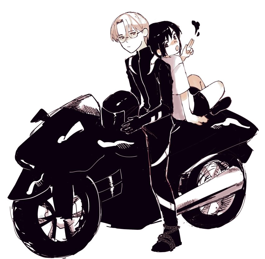 1boy, 1girl, back-to-back, biker_clothes, bikesuit, black_hair, blonde_hair, bodysuit