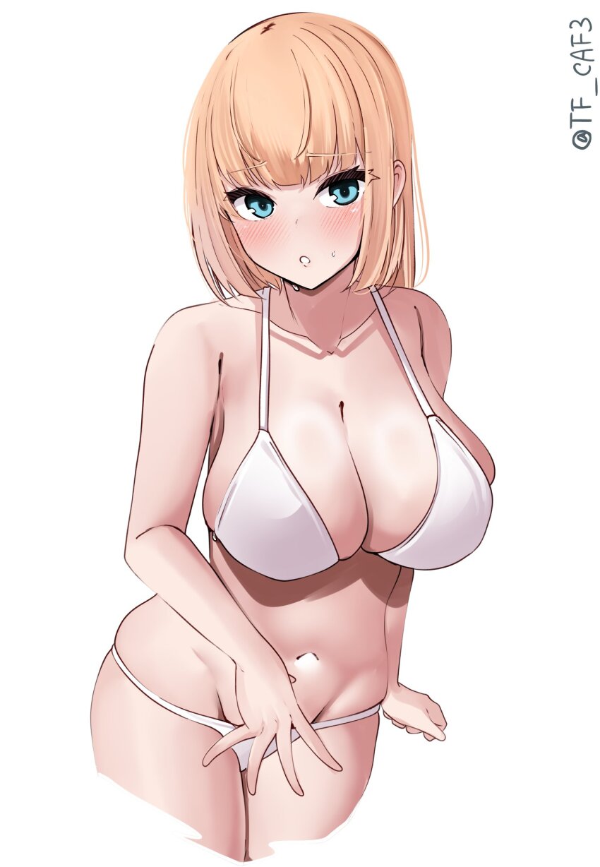 1girl, alternate_costume, bare_shoulders, bikini, blonde_hair, blue_eyes, breasts, cleavage