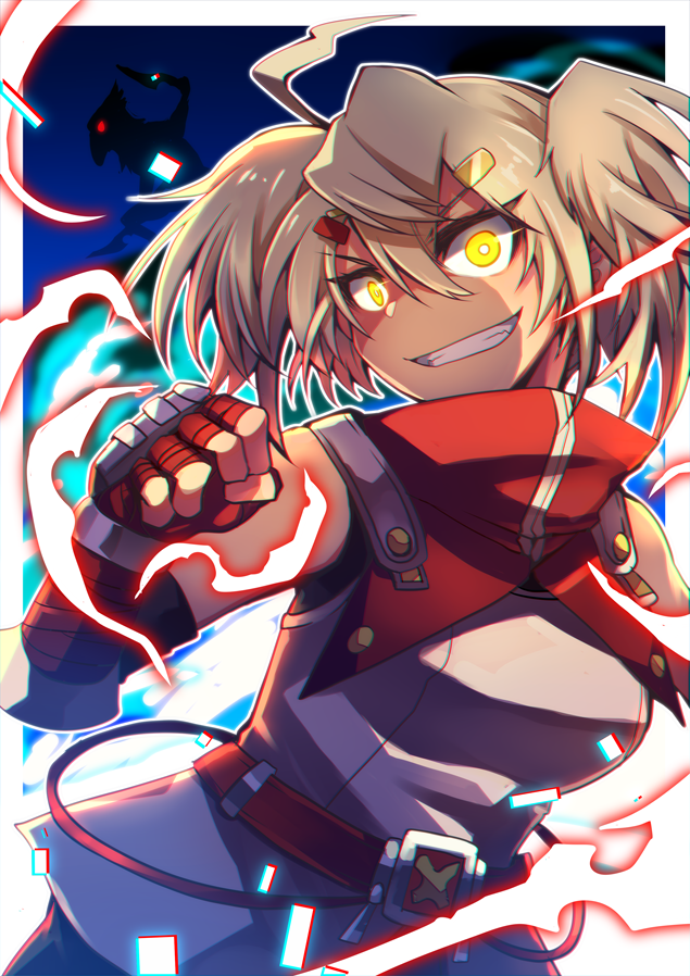 1girl, ahoge, belt, blonde_hair, breasts, clenched_hand, commission, emon-yu