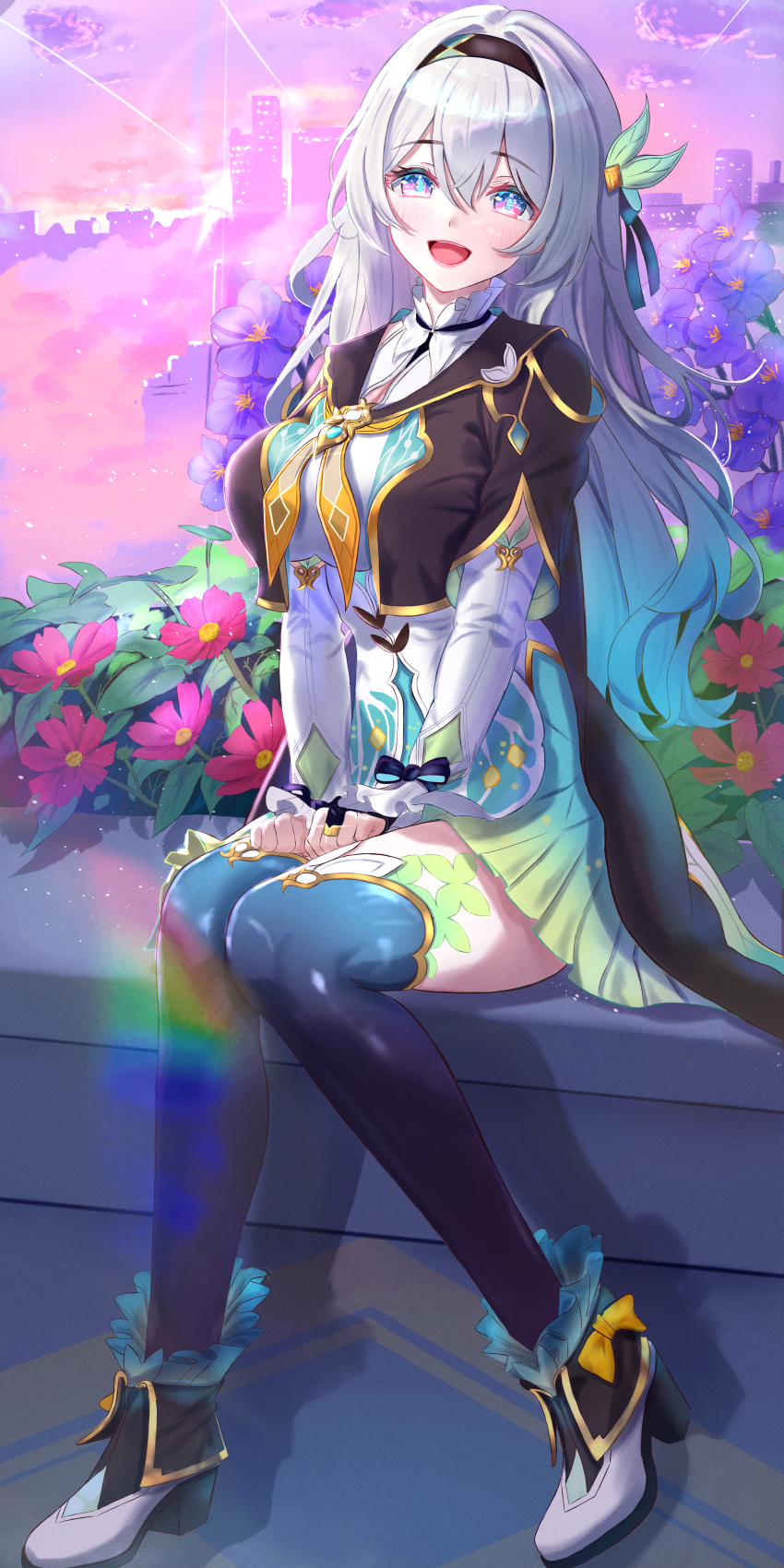 1girl, absurdres, aqua_skirt, black_hairband, black_jacket, black_thighhighs, blue_pupils, blush, breasts, bridal_gauntlets, cloud, cropped_jacket, firefly_(honkai:_star_rail), flower, full_body, gradient_hair, grey_hair, hair_between_eyes, hair_intakes, hair_ornament, hairband, hands_on_own_thighs, high_heels, highres, honkai:_star_rail, honkai_(series), jacket, large_breasts, long_hair, multicolored_eyes, multicolored_hair, neckerchief, on_bench, open_mouth, orange_neckerchief, outdoors, pink_flower, purple_flower, purple_sky, shirt, shooting_star, sidelocks, single_bridal_gauntlet, sitting, skirt, sky, solo, stone_bench, thighhighs, two-tone_eyes, white_footwear, white_shirt, zea_(zeamilky)
