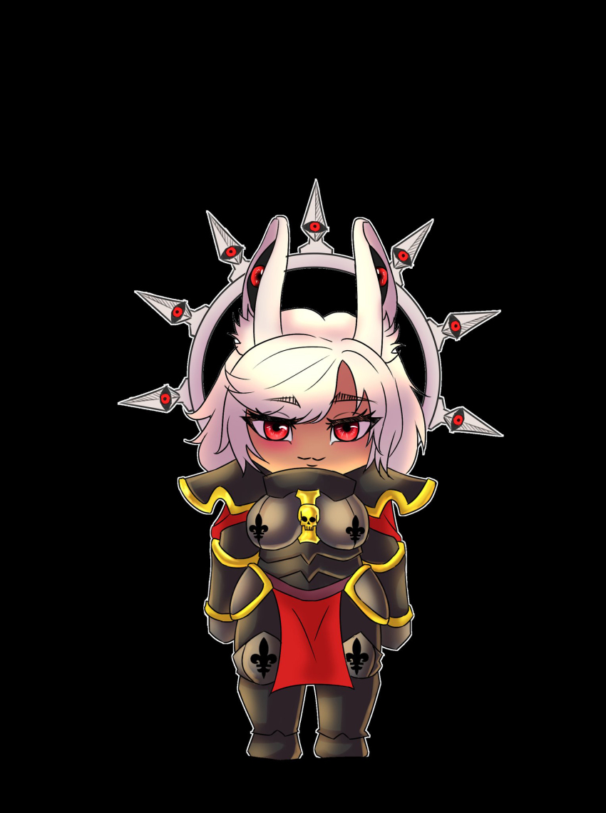 1girl, :3, alternate_costume, animal_ears, armor, armored_boots, arms_at_sides, black_armor