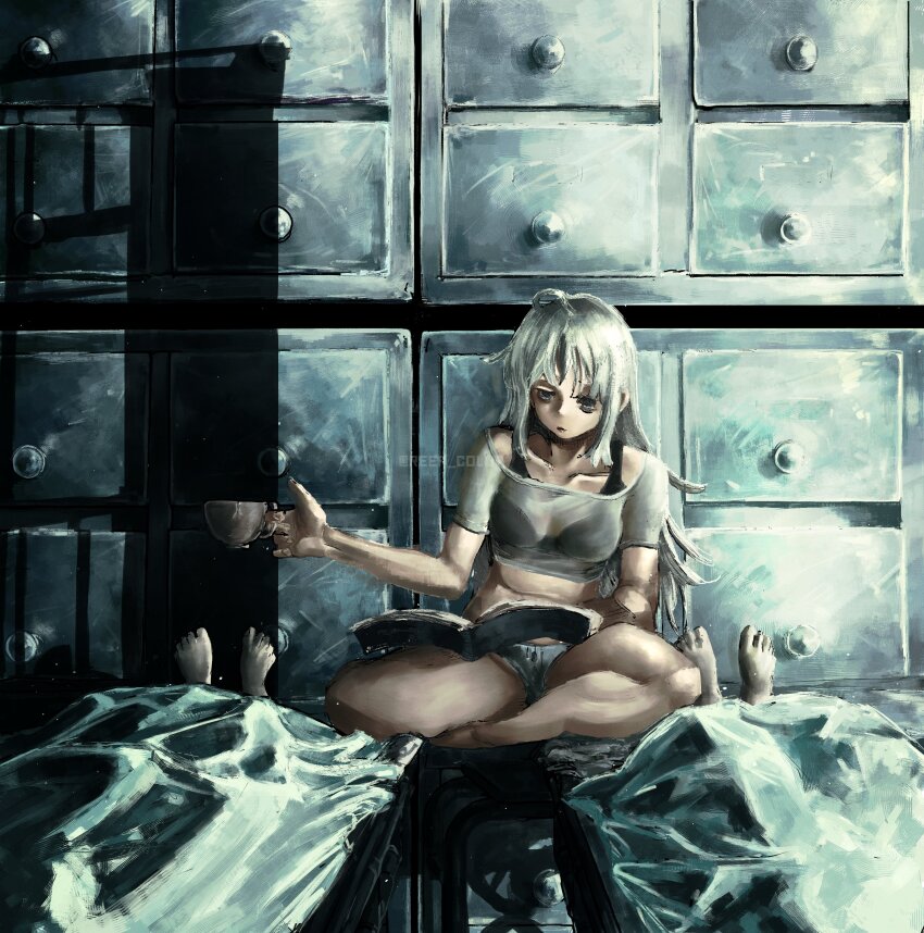 1girl, absurdres, autopsy, bags_under_eyes, barefoot, book, choujin_x, coffee