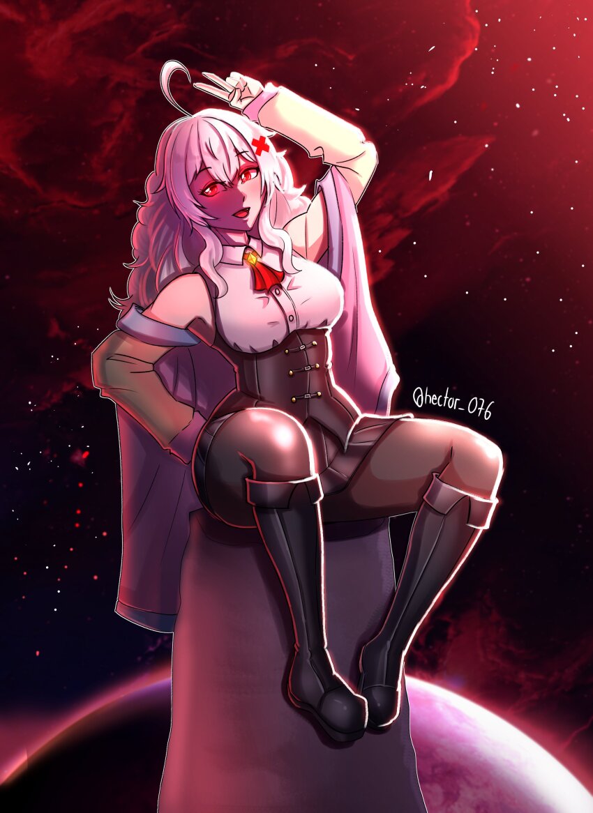 1girl, absurdres, antenna_hair, arm_above_head, arm_up, artist_name, bare_shoulders, black_boots