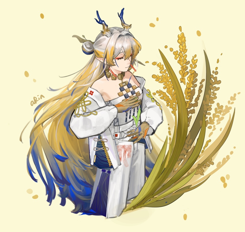 1girl, absurdres, arin_(aaua8438), arknights, artist_name, bare_shoulders, belt, blonde_hair