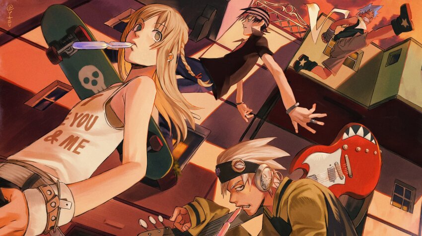 1girl, 3boys, alternate_hairstyle, ann_yasu_d, black_hair, black_shirt, black_star, blonde_hair