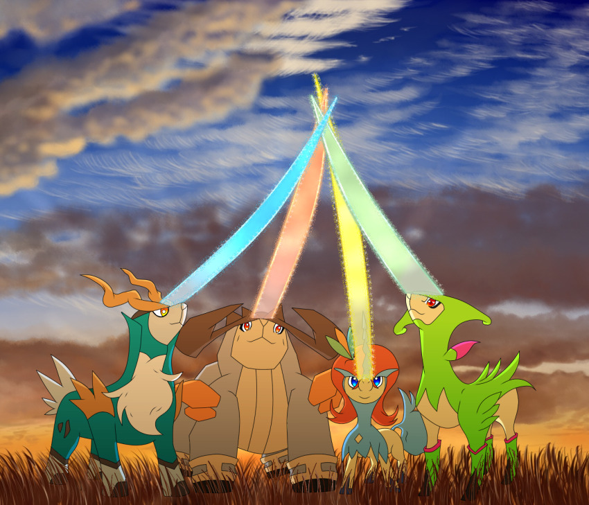 :<, artist_request, cobalion, energy_sword, everyone, full_body, gen_5_pokemon, glowing, glowing_sword, glowing_weapon, grass, highres, horns, keldeo, keldeo_(resolute), legendary_pokemon, looking_up, mythical_pokemon, nature, nintendo, no_humans, pokemon, pokemon_(creature), sacred_sword_(pokemon), sky, smile, standing, sword, tail, terrakion, virizion, weapon, white_fur, yellow_eyes