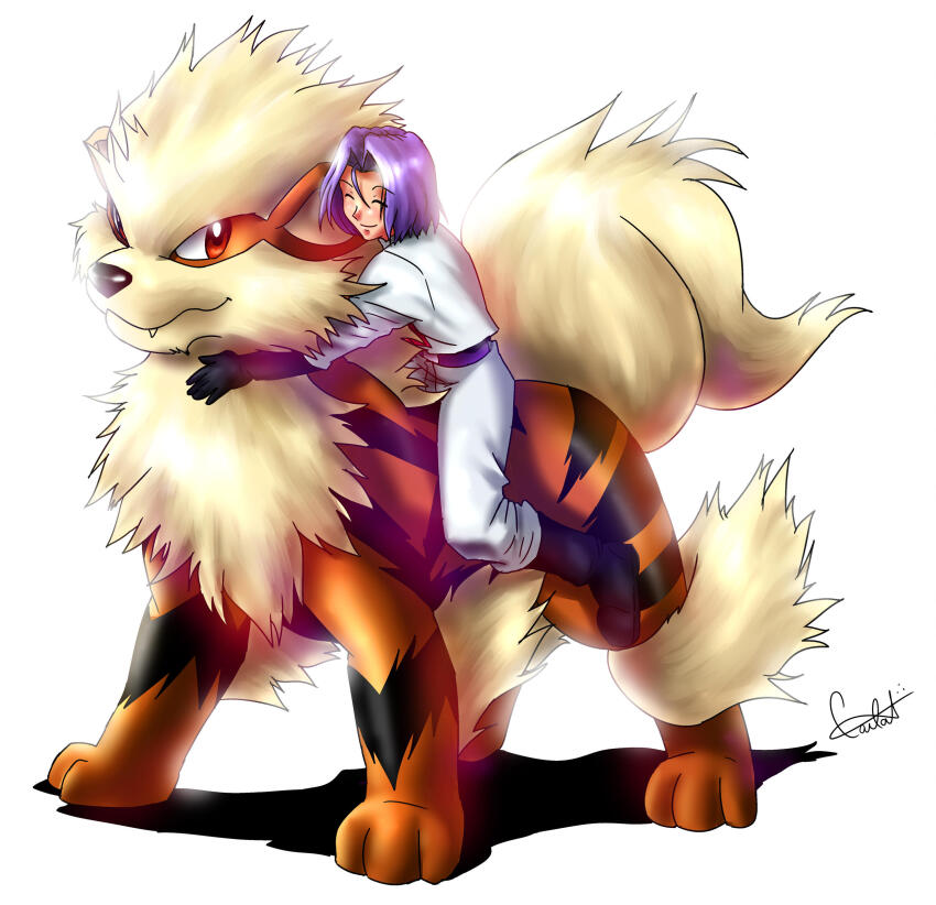 1boy, absurdres, arcanine, black_footwear, black_gloves, blue_hair, boots, closed_eyes