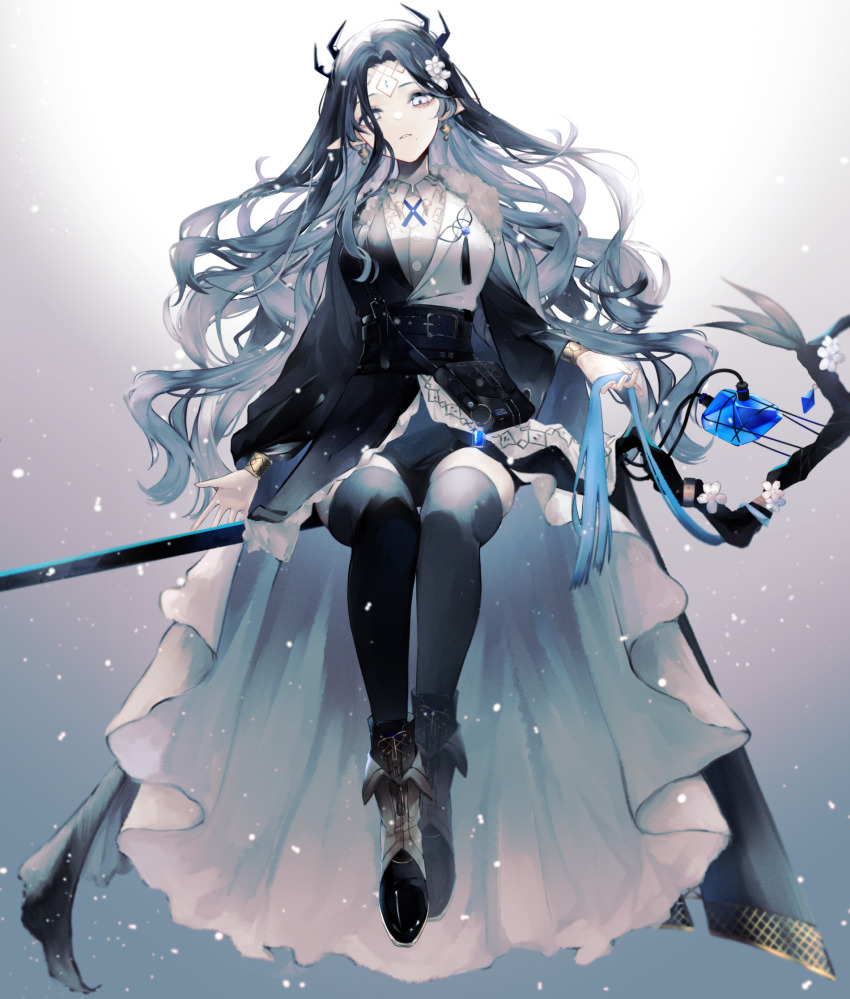 1girl, arknights, black_hair, black_thighhighs, bracelet, earrings, facial_mark, flower