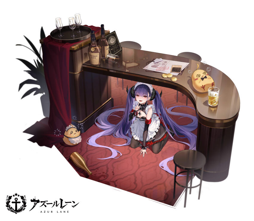 1girl, absurdly_long_hair, absurdres, alcohol, alternate_costume, apron, arm_support, azur_lane