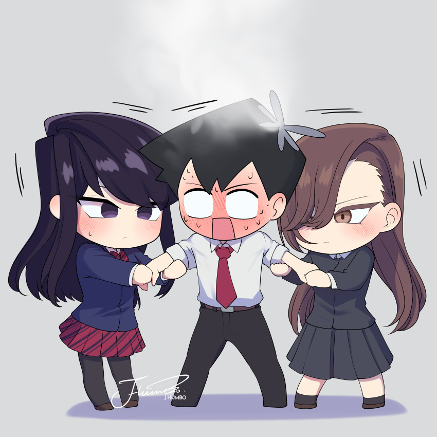 1boy, 2girls, absurdres, artist_name, belt, black_footwear, black_hair, black_pants