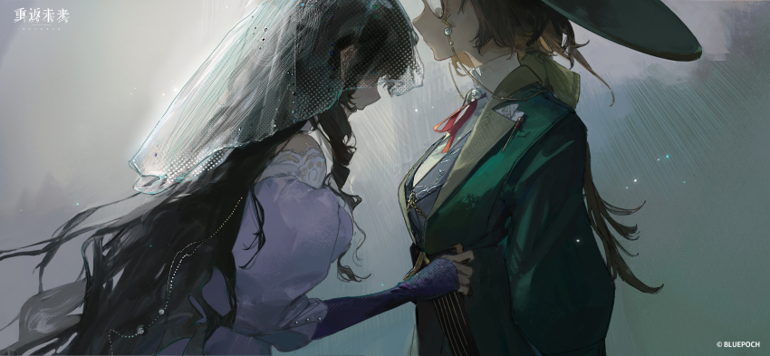 2girls, black_hair, blue_vest, bow, brown_hair, clothes_grab, collared_shirt, copyright_name