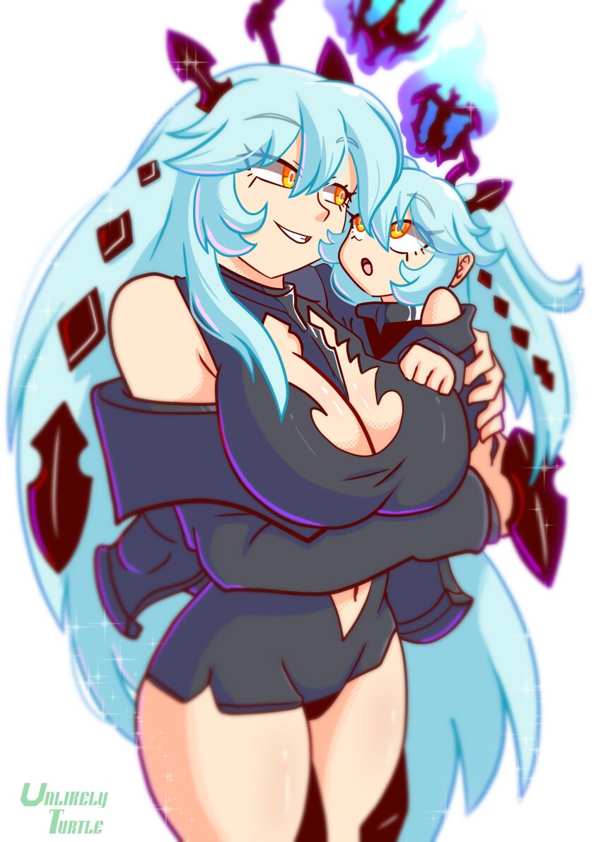 2girls, absurdres, arbiter_the_hermit_ix_(azur_lane), azur_lane, bare_shoulders, blue_fire, blue_hair, breasts