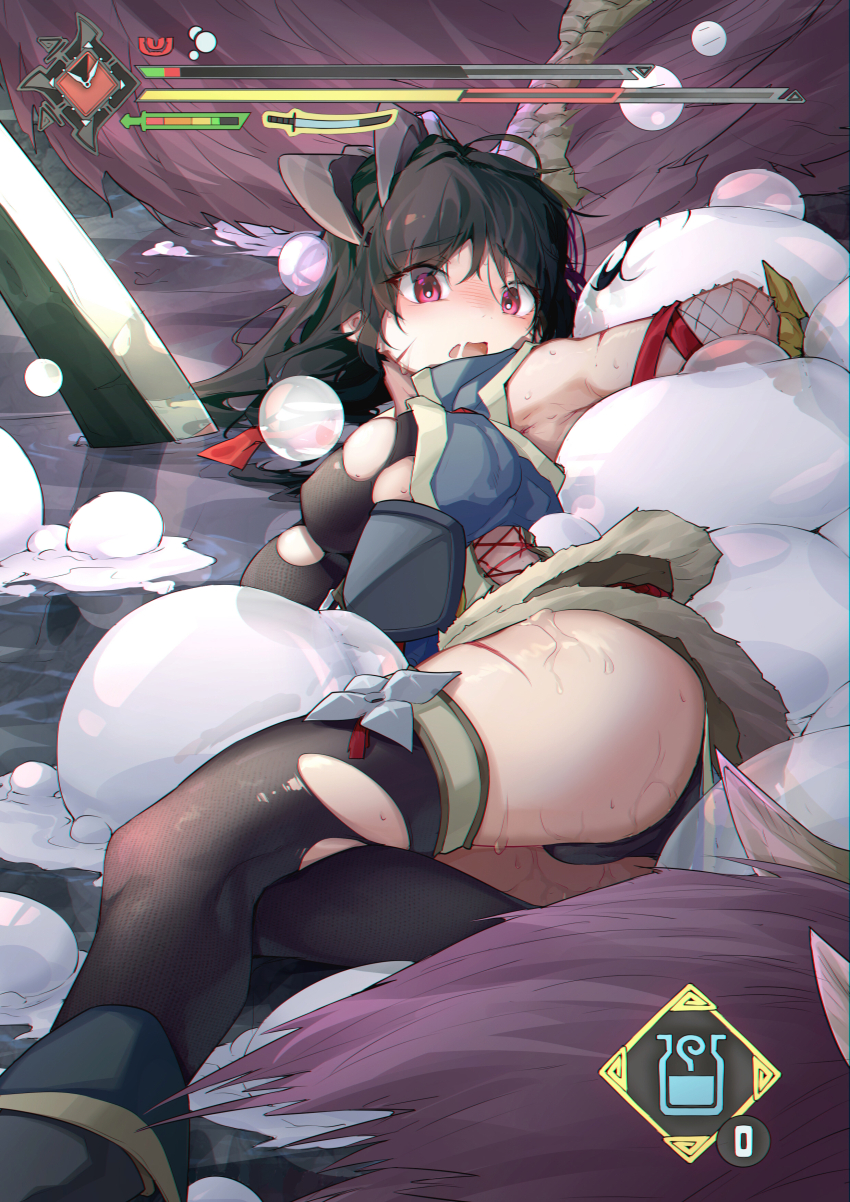 1girl, absurdres, black_hair, black_panties, blush, breasts, character_request, commentary_request, gameplay_mechanics, health_bar, highres, injury, large_breasts, linxi, mizutsune_(armor), monster_hunter_(series), monster_hunter_rise, nose_blush, open_mouth, panties, pantyshot, red_eyes, solo, thighhighs, torn_clothes, torn_thighhighs, underwear, video_game