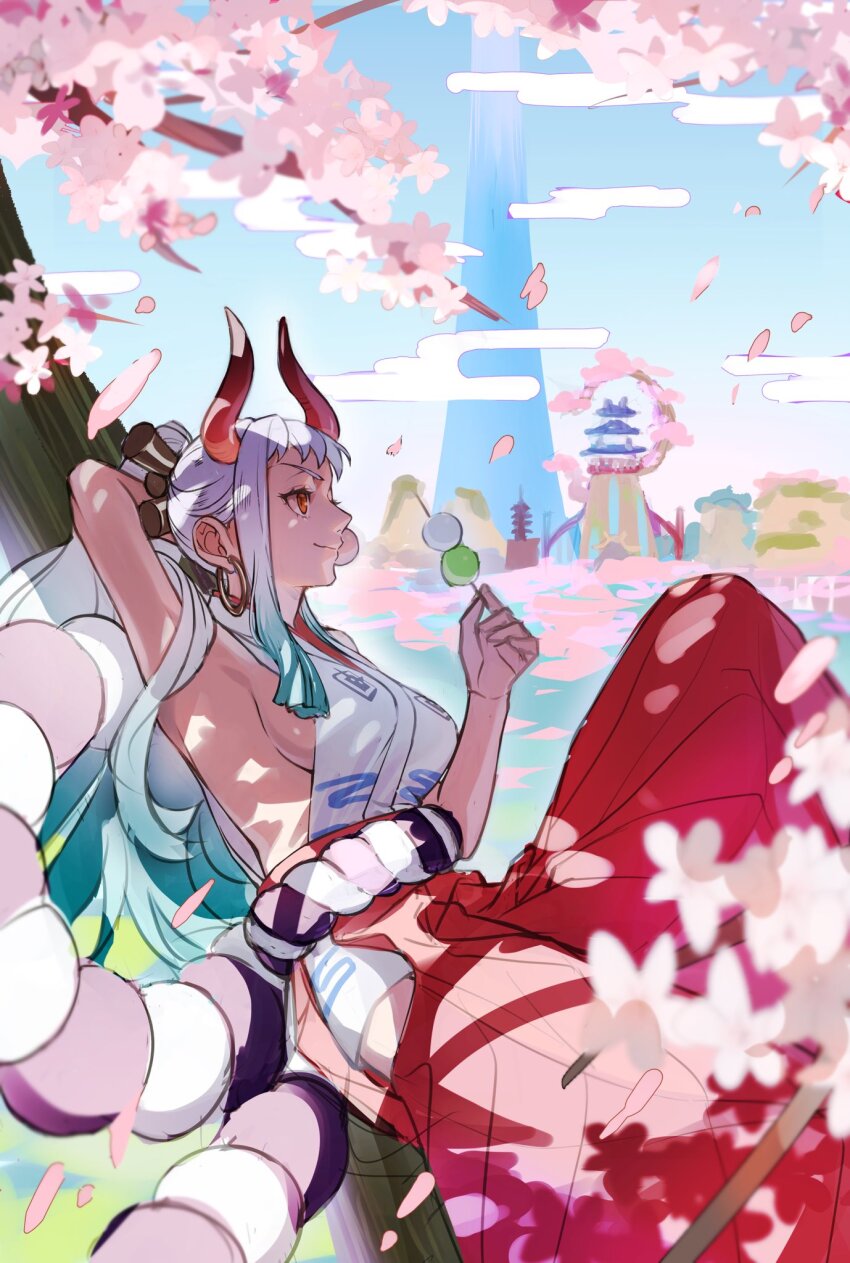 1girl, aqua_hair, arm_behind_head, armpits, blurry, blurry_foreground, breasts, curled_horns