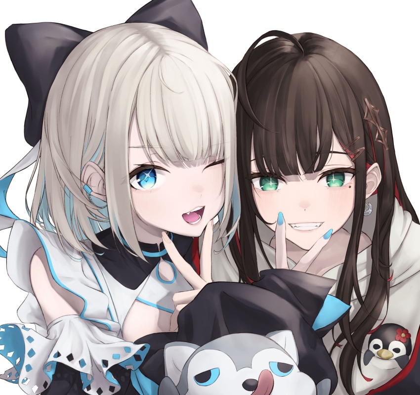 +_+, 2girls, ;3, ;d, absurdres, ahoge, aruto_araragi, black_bow, black_dress, black_jacket, black_sleeves, blue_eyes, blue_hair, bow, brown_hair, colored_inner_hair, crescent, crescent_earrings, detached_sleeves, dog, dress, earrings, frills, green_eyes, grey_hair, grin, hair_behind_ear, hair_bow, highres, hizuki_yui, hood, hoodie, itoi_toi_(neo-porte), jacket, jewelry, long_hair, long_sleeves, looking_at_viewer, maid, medium_hair, mole, mole_under_eye, multicolored_hair, multiple_girls, neo-porte, one_eye_closed, open_mouth, red_hair, shrug_(clothing), simple_background, smile, sparkling_eyes, star_(symbol), star_in_eye, stuffed_animal, stuffed_penguin, stuffed_toy, symbol_in_eye, v, v_over_mouth, virtual_youtuber, white_background, white_hoodie, white_shrug