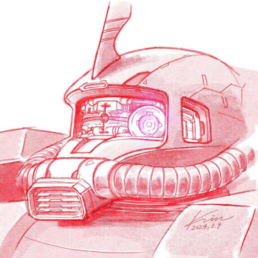 close-up, commentary_request, dated, glowing, glowing_eye, gundam, highres, horns