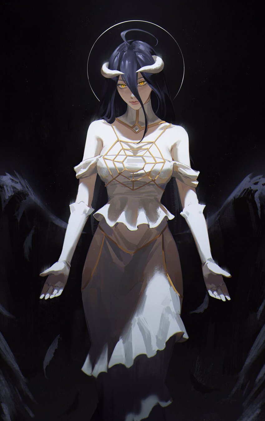 1girl, absurdres, ahoge, albedo_(overlord), bare_shoulders, black_background, black_feathers, black_hair