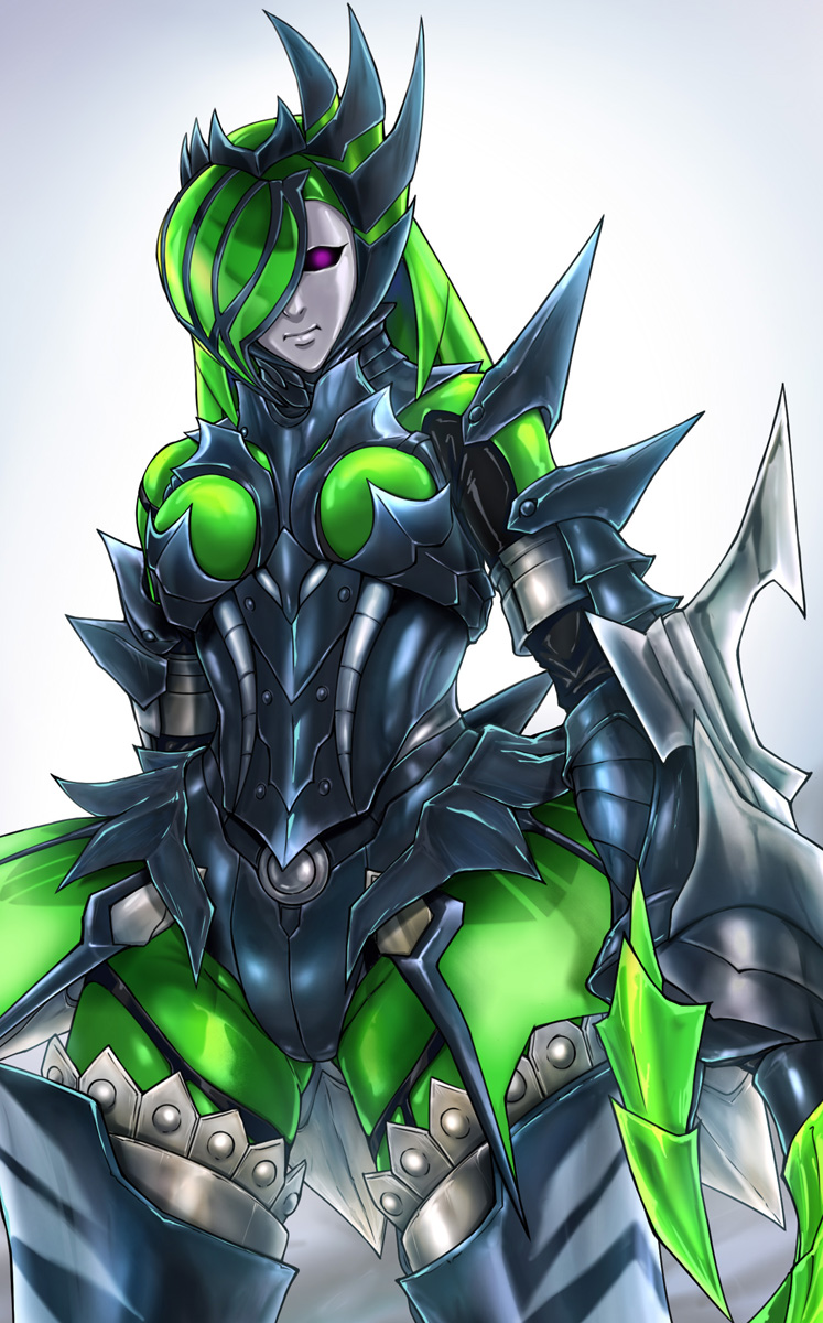 1girl, armor, armored_bodysuit, astalos_(armor), bodysuit, claws, commentary_request, commission, full_armor, green_bodysuit, green_hair, hair_over_one_eye, highres, looking_at_viewer, mask, monster_hunter_(character), monster_hunter_(series), purple_eyes, ribimura, simple_background, skeb_commission, solo, standing
