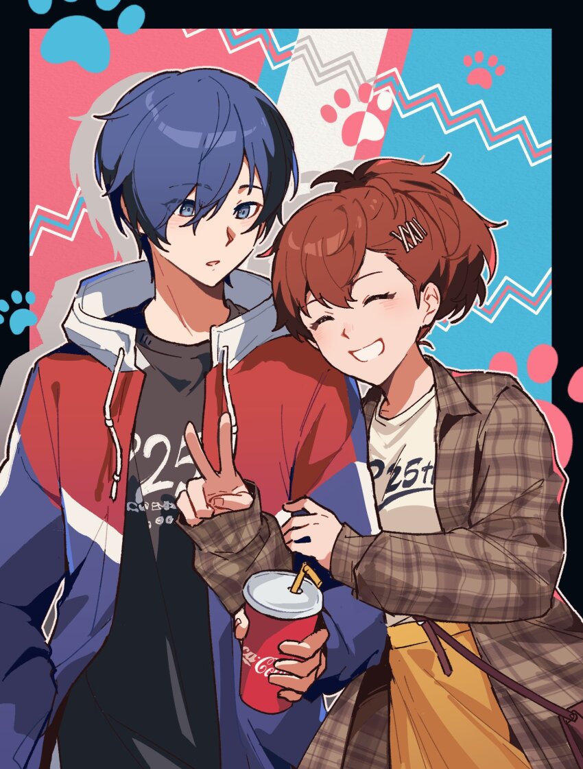 1boy, 1girl, alternate_costume, black_shirt, blue_eyes, blue_hair, brown_hair, brown_jacket, closed_eyes, coca-cola, cup, disposable_cup, gegeblue, grin, highres, holding, holding_cup, hood, hooded_jacket, hug, jacket, locked_arms, long_hair, long_sleeves, looking_to_the_side, open_clothes, open_jacket, persona, persona_3, persona_3_portable, plaid_clothes, plaid_jacket, ponytail, shiomi_kotone, shirt, short_hair, skirt, smile, v, white_shirt, yellow_skirt, yuuki_makoto_(persona_3)