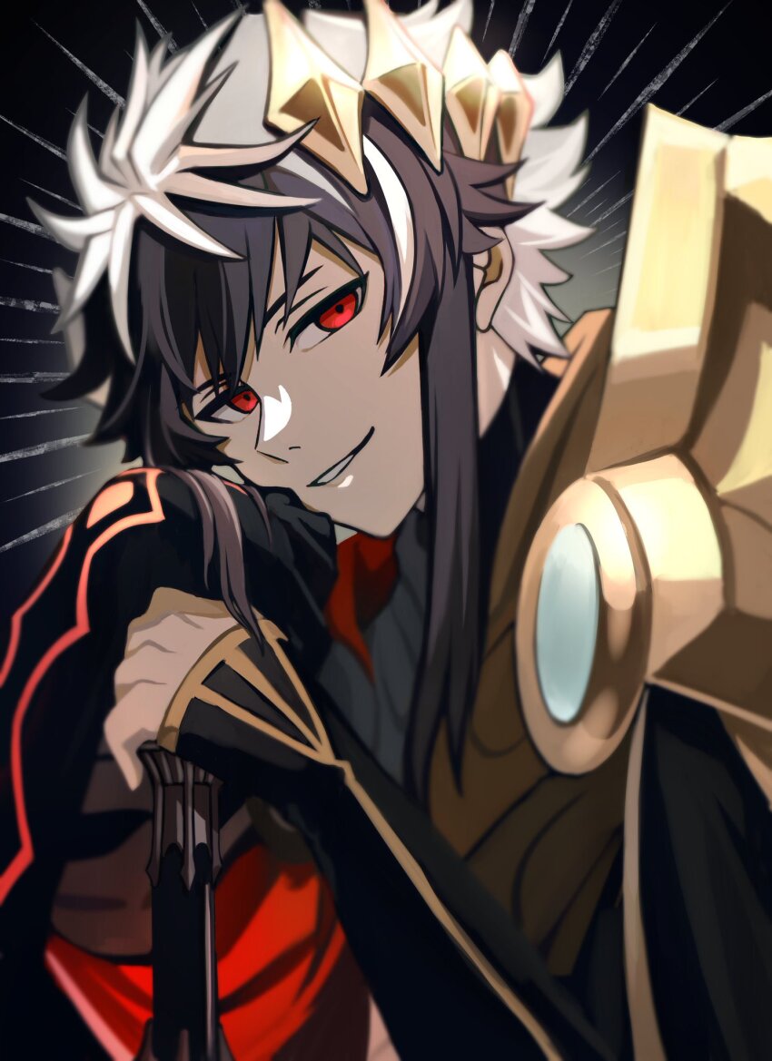 1boy, alter_servant, armor, black_background, black_gloves, black_hair, charlemagne_(fate), charlemagne_(third_ascension)_(fate)