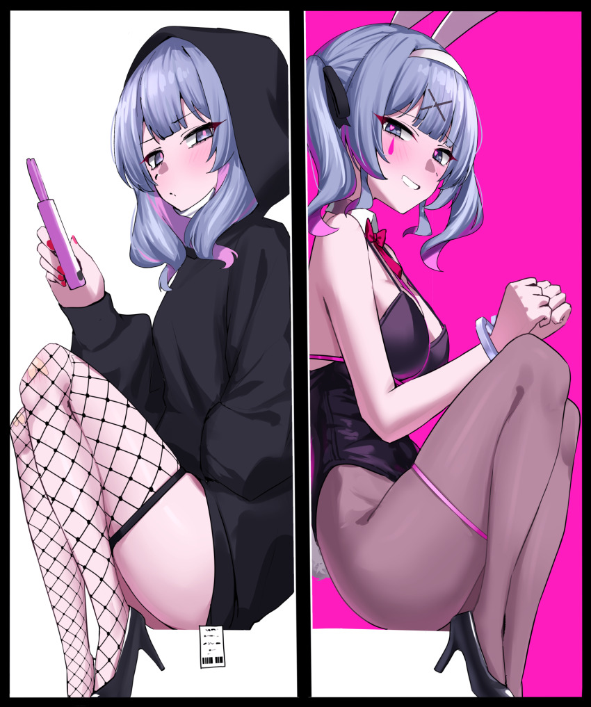 1girl, animal_ears, bandaid, black_footwear, black_hoodie, black_leotard, black_pantyhose, black_ribbon, black_thighhighs, blue_eyes, blue_hair, breasts, cellphone, clenched_hands, cuffs, drawstring, facial_mark, fake_animal_ears, fishnet_thighhighs, fishnets, foot_out_of_frame, from_side, garter_straps, handcuffs, hatsune_miku, heart, heart-shaped_pupils, high_heels, highleg, highleg_leotard, highres, holding, holding_phone, hood, hood_up, hoodie, leotard, looking_at_viewer, looking_to_the_side, mask, mask_around_neck, mask_pull, medium_breasts, medium_hair, mouth_mask, multicolored_hair, multiple_views, nichijou_(nichijoutouhou), pantyhose, phone, pink_background, pink_eyes, pink_hair, pink_nails, playboy_bunny, price_tag, rabbit_ears, rabbit_hole_(vocaloid), restrained, ribbon, sitting, smartphone, smartphone_case, streaked_hair, surgical_mask, symbol-shaped_pupils, teardrop_facial_mark, thighhighs, thighs, twintails, unworn_mask, v, vocaloid