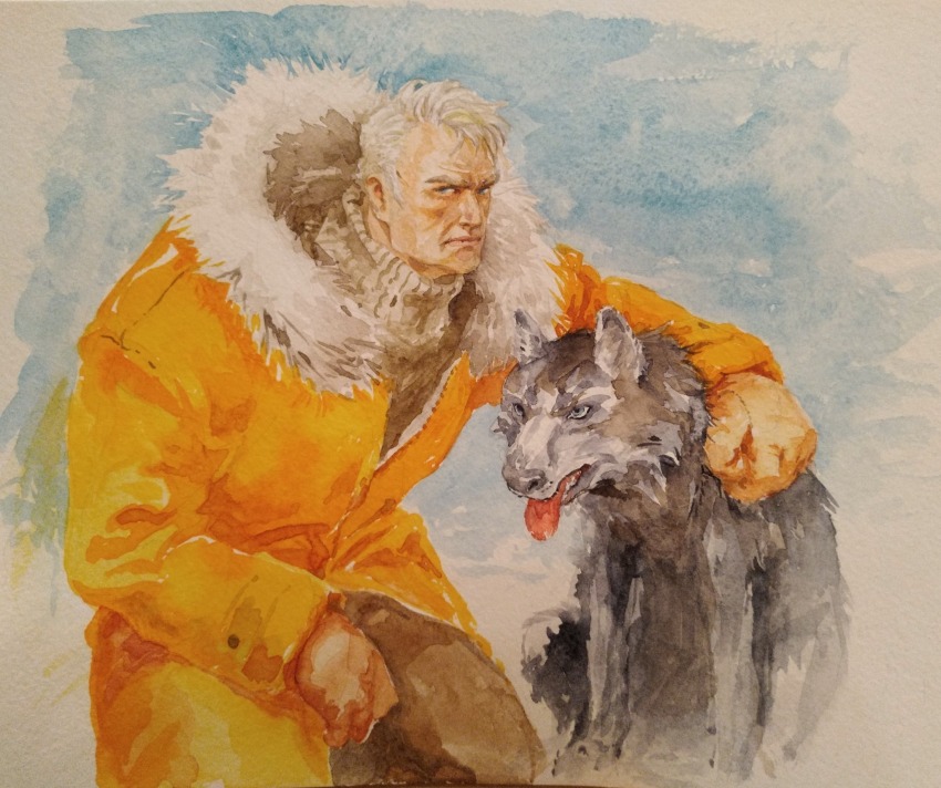 1boy, animal, aqua_eyes, arm_around_neck, blue_eyes, blue_sky, brown_mittens, brown_pants