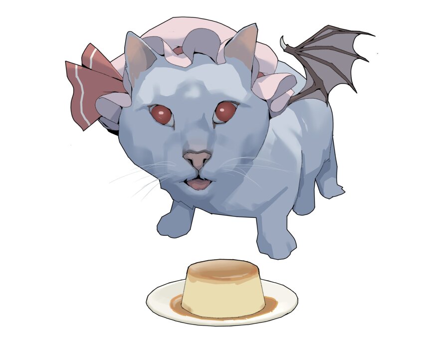 absurdres, animal_focus, animalization, bat_wings, bow, cat, food, hat, hat_bow, hat_ribbon, highres, looking_at_viewer, meme, mob_cap, mr._fresh, no_humans, open_mouth, pink_hat, plate, pudding, red_bow, red_eyes, remilia_scarlet, ribbon, simple_background, touhou, white_background, wings, youpofen
