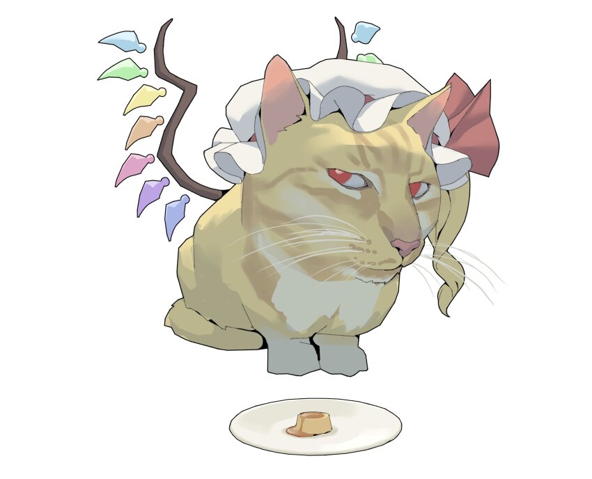absurdres, animal_focus, animalization, bow, cat, flandre_scarlet, food, hat, hat_bow, hat_ribbon, highres, looking_at_viewer, meme, mob_cap, mr._fresh, no_humans, plate, pudding, red_bow, red_eyes, ribbon, sideways_glance, simple_background, touhou, white_background, white_hat, wings, youpofen