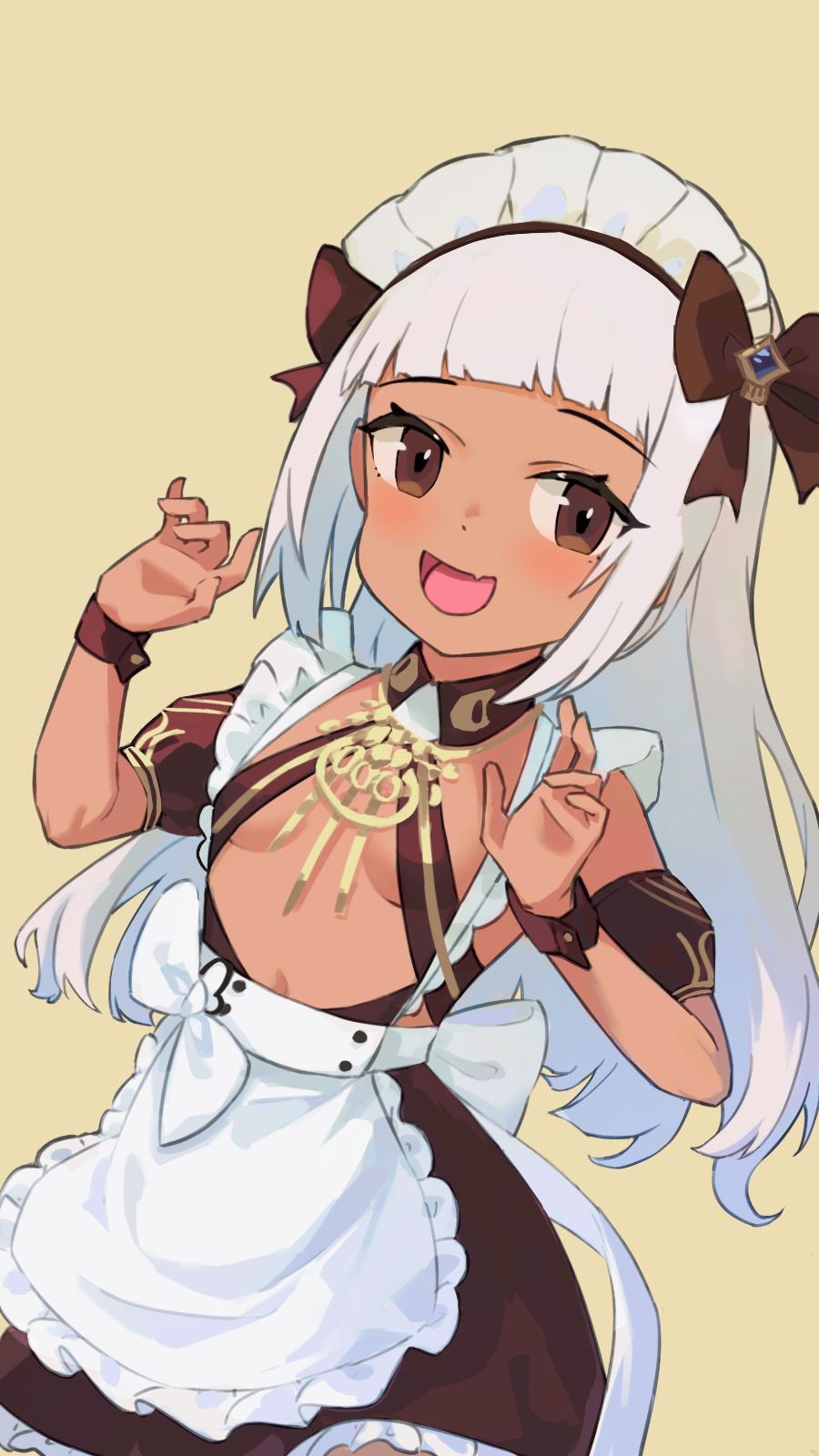 1girl, apron, azur_lane, black_ribbon, blunt_bangs, breasts, brown_eyes, dark-skinned_female