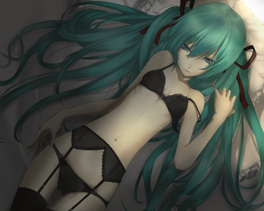 1girl, absurdres, aqua_eyes, aqua_hair, black_panties, bra, female_focus, garter_belt
