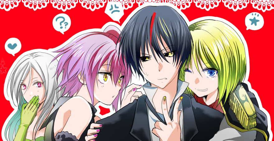 1boy, 3girls, :o, bare_shoulders, black_hair, black_jacket, blonde_hair, blue_eyes