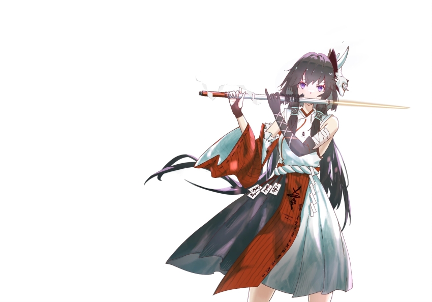 1girl, asymmetrical_gloves, bandaged_arm, bandages, black_hair, detached_sleeves, elbow_gloves, flute
