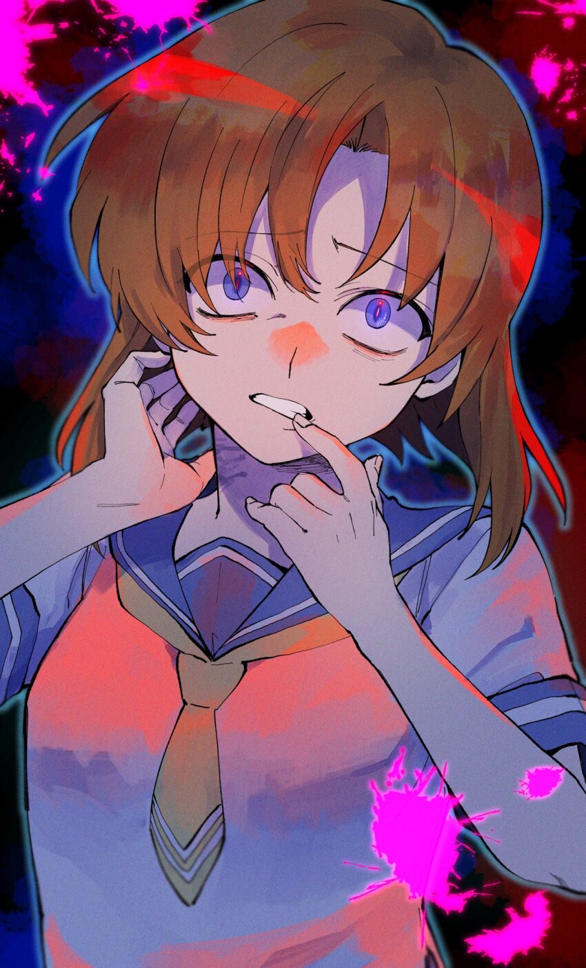 1girl, blood, blood_splatter, blue_eyes, blue_sailor_collar, clenched_teeth, crazy, crazy_eyes