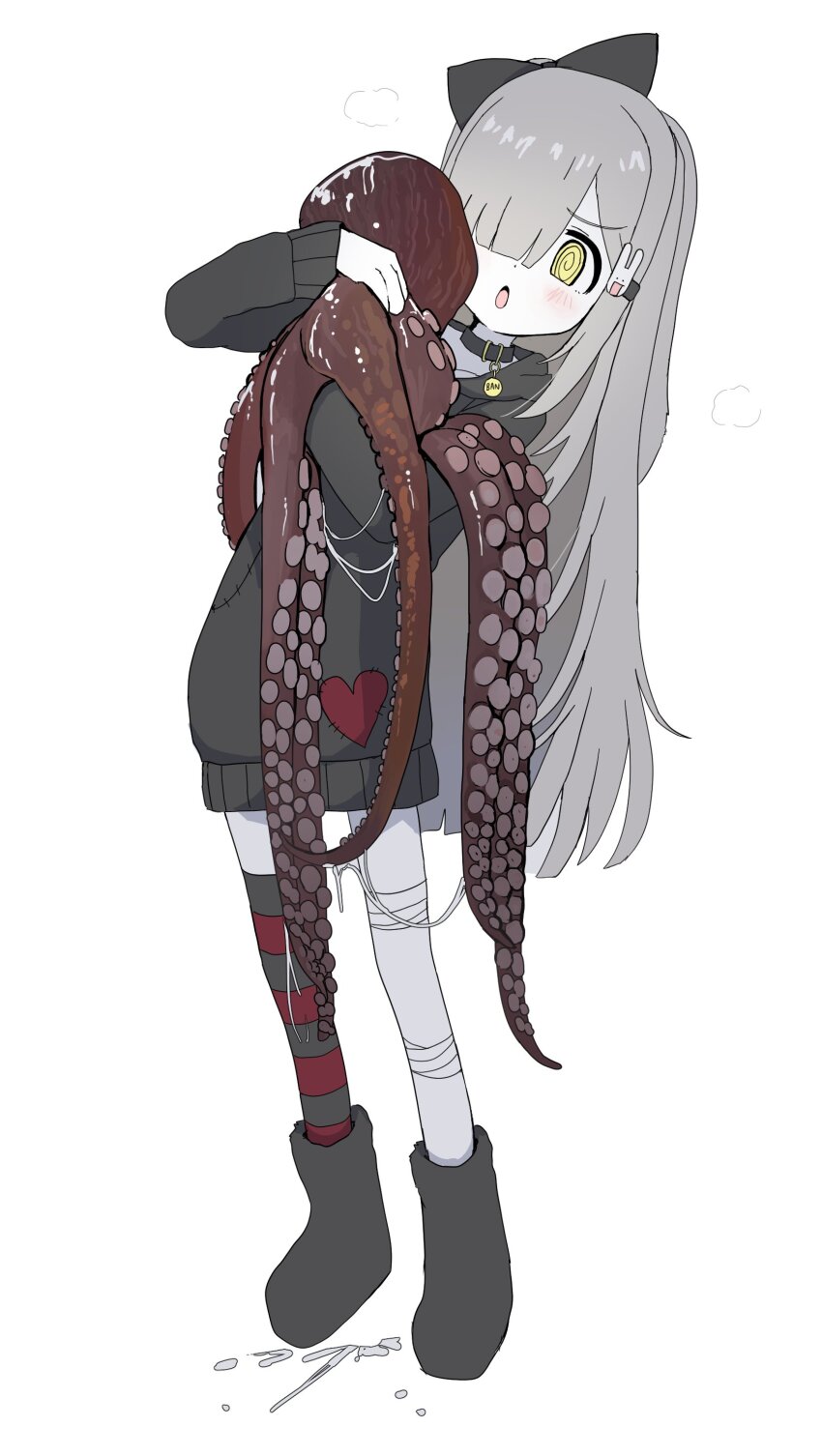 1girl, @_@, absurdres, animal, bandaged_leg, bandages, collar, grey_hair