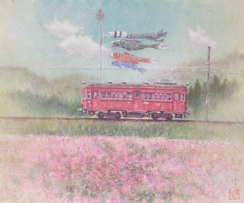 absurdres, blue_sky, cloud, cloudy_sky, field, fine_art_parody, flag, flower