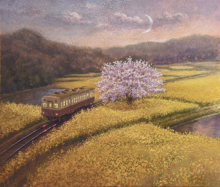 absurdres, building, bush, cherry_blossoms, crescent, field, fine_art_parody, highres, kominato_railway, moon, mountain, multiple_unit_train, nihonga, no_humans, original, painting_(medium), parody, plant, railroad_tracks, road, scenery, tanamachi_yoshihiro, traditional_media, train, tree, watercolor_(medium)