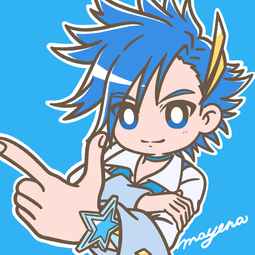 1boy, blue_background, blue_choker, blue_eyes, blue_hair, bracelet, bright_pupils, choker, closed_mouth, collared_shirt, cure_lock, dancing_star_precure, hair_ornament, hand_on_own_arm, highres, index_finger_raised, magical_boy, male_focus, mayena, natsume_hayato, precure, shirt, signature, simple_background, smile, solo, spiked_hair, star_bracelet, vest, white_pupils, wrist_cuffs