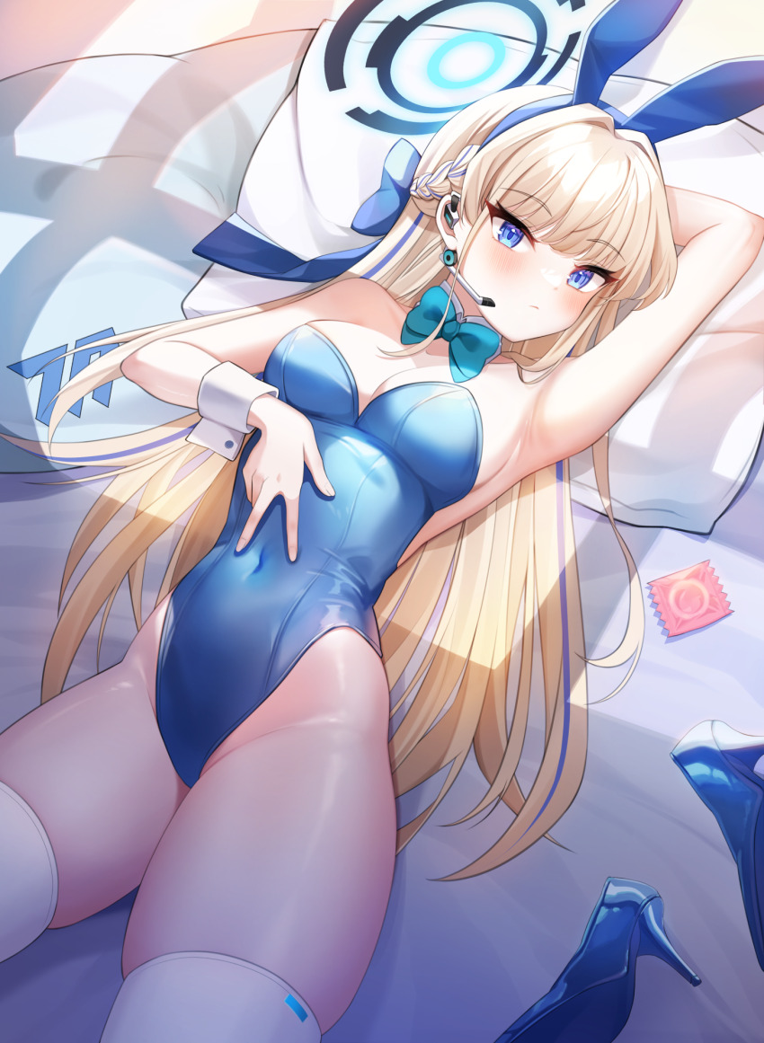 1girl, aqua_bow, aqua_bowtie, arm_behind_head, armpits, backless_leotard, bed_sheet, blonde_hair, blue_archive, blue_bow, blue_eyes, blue_footwear, blue_halo, blue_leotard, blunt_bangs, bow, bowtie, collarbone, condom, condom_wrapper, covered_navel, detached_collar, dot_nose, earpiece, hair_bow, hair_intakes, halo, hand_on_own_stomach, high_heels, highres, leotard, light_blush, long_hair, looking_at_viewer, lying, multicolored_hair, official_alternate_costume, on_back, on_bed, pillow, playboy_bunny, romi_(9_romi_7), sidelocks, spread_navel, strapless, strapless_leotard, streaked_hair, thighhighs, thong_leotard, toki_(blue_archive), toki_(bunny)_(blue_archive), unworn_footwear, very_long_hair, white_thighhighs, wrist_cuffs