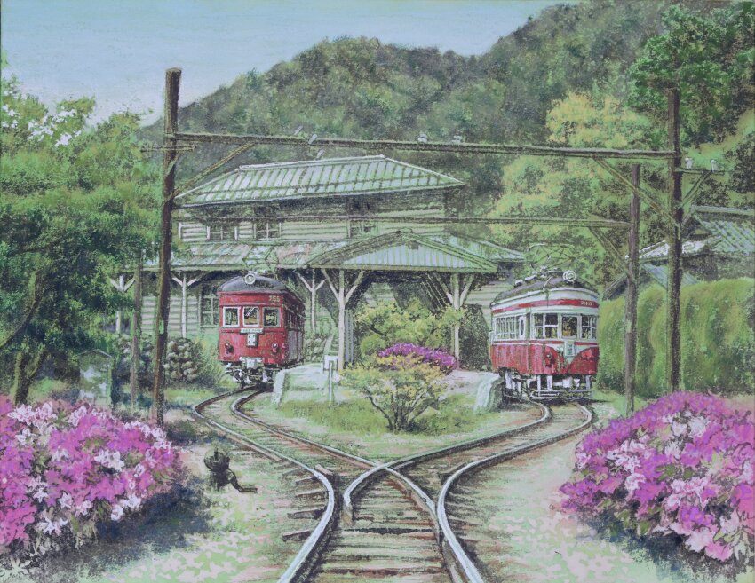 absurdres, azalea_(flower), building, fine_art_parody, flower, gifu_prefecture, highres, mountain