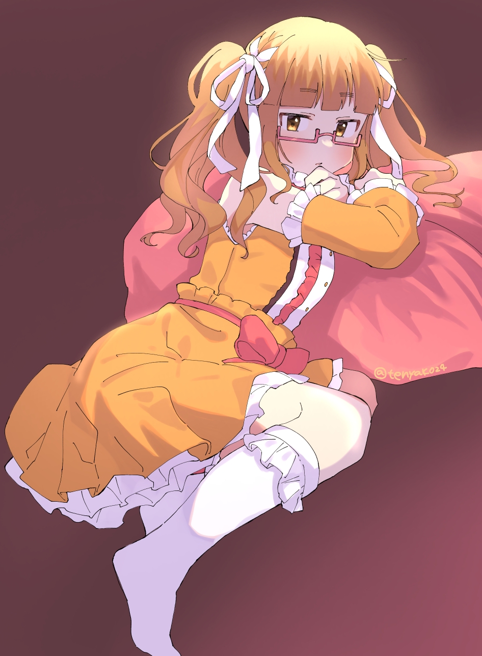1girl, blunt_bangs, bow, brown_background, brown_eyes, brown_hair, detached_sleeves, dress, hair_ribbon, highres, idolmaster, idolmaster_cinderella_girls, ikebukuro_akiha, long_hair, looking_at_viewer, orange_dress, orange_shirt, orange_skirt, pillow, red_bow, ribbon, semi-rimless_eyewear, shirt, simple_background, skirt, socks, solo, tenyako_(mirasato24), twintails, twitter_username, white_ribbon, white_socks