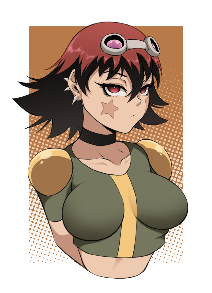 1girl, black_hair, choker, ear_piercing, eva_wei, goggles, goggles_on_head, green_shirt, highres, kristallion, looking_at_viewer, marking_on_cheek, markings, midriff, multicolored_hair, oban_star-racers, piercing, red_eyes, red_hair, shirt, short_hair, shoulder_pads, simple_background, solo, solo_focus, tattoo, tomboy, unamused