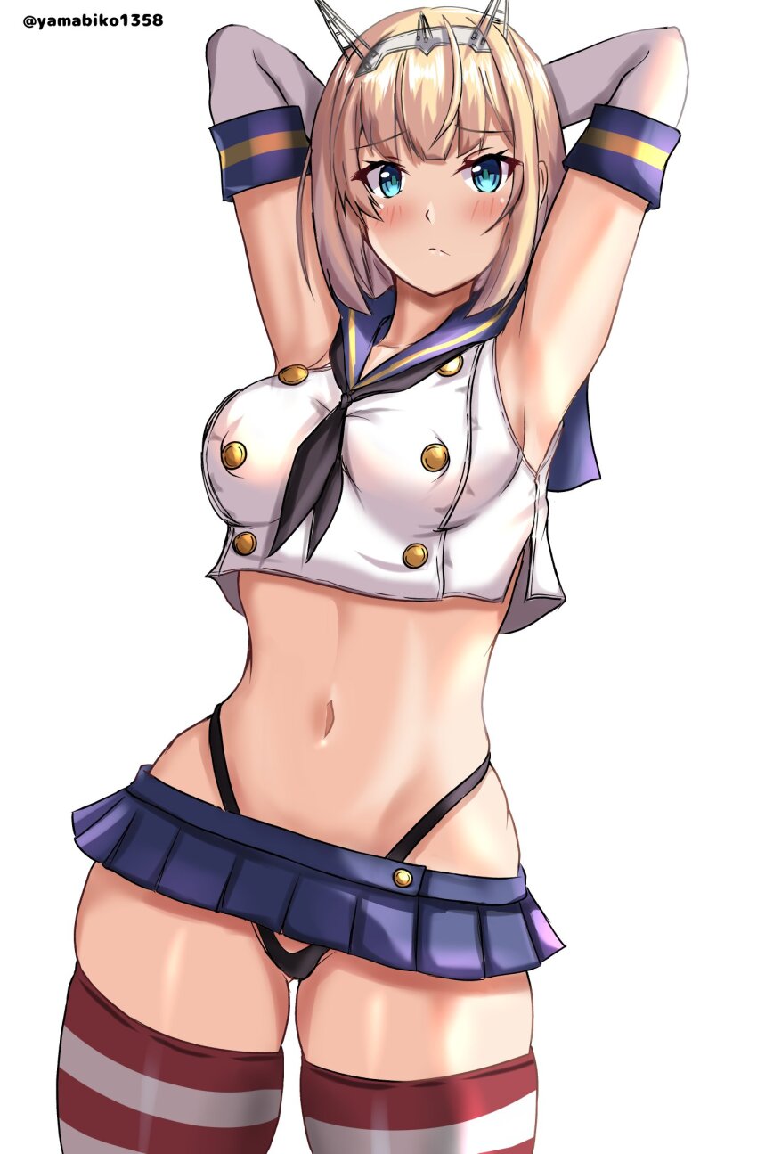 1girl, arms_behind_head, black_hairband, black_neckerchief, black_panties, blonde_hair, blue_eyes, blue_sailor_collar