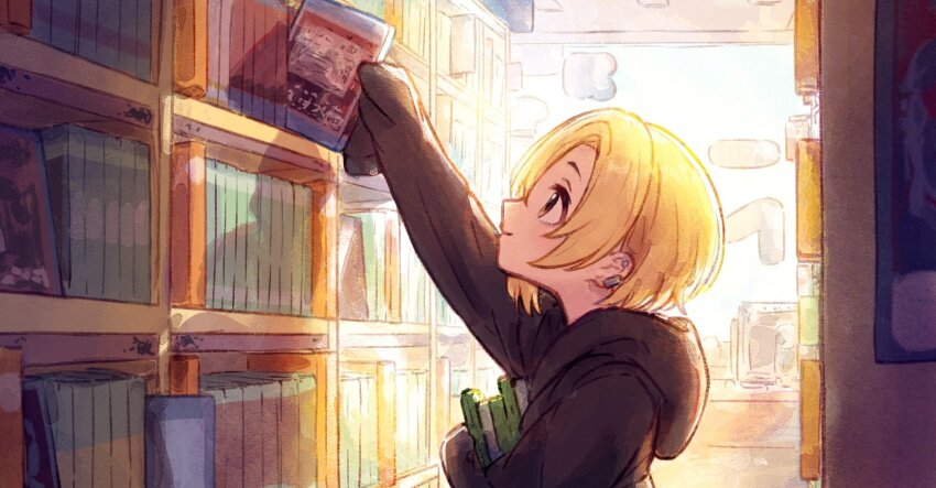 1girl, black_hoodie, blonde_hair, blu-ray, ear_piercing, from_side, hageringo, highres