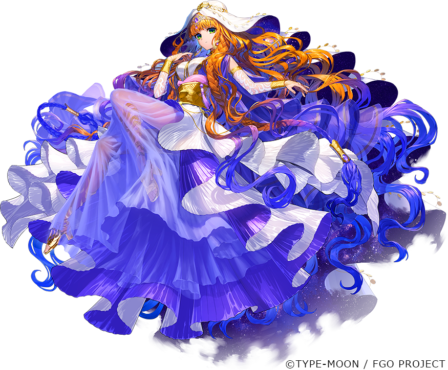 1girl, braid, breasts, crown, detached_sleeves, fate/grand_order, fate_(series), green_eyes, hand_on_own_chest, haydee_(fate), high_heels, large_breasts, long_hair, multicolored_hair, official_art, orange_hair, purple_eyes, routo, solo, star_(symbol), star_symbol_background, white_headdress